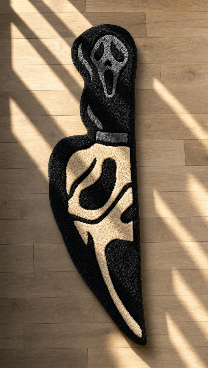 Slasher Mask Knife Rug - hand-tufted rug in natural sunlight