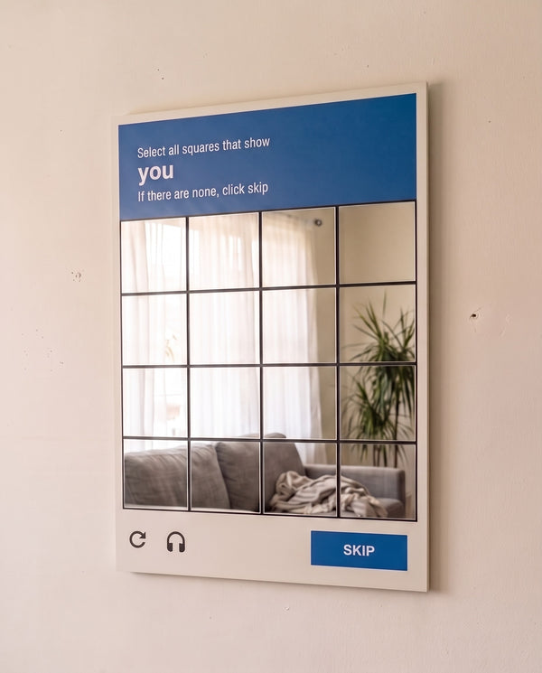 Are You Human Mirror hanging on a living room wall, eye-level front view