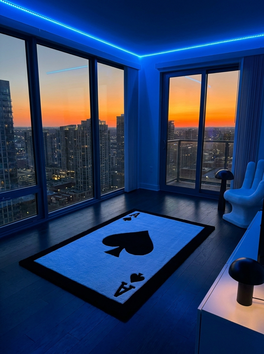 Ace of Spades rug in an LED-lit high-rise bedroom