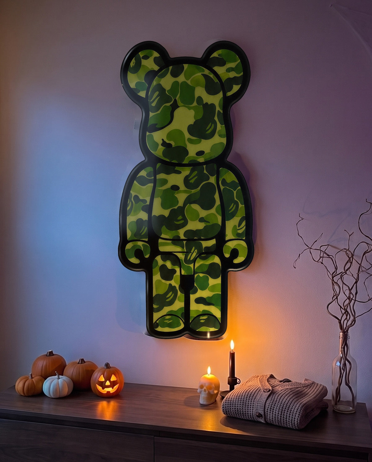 Close-up straight-on view of the Green Camo Bear Wallart