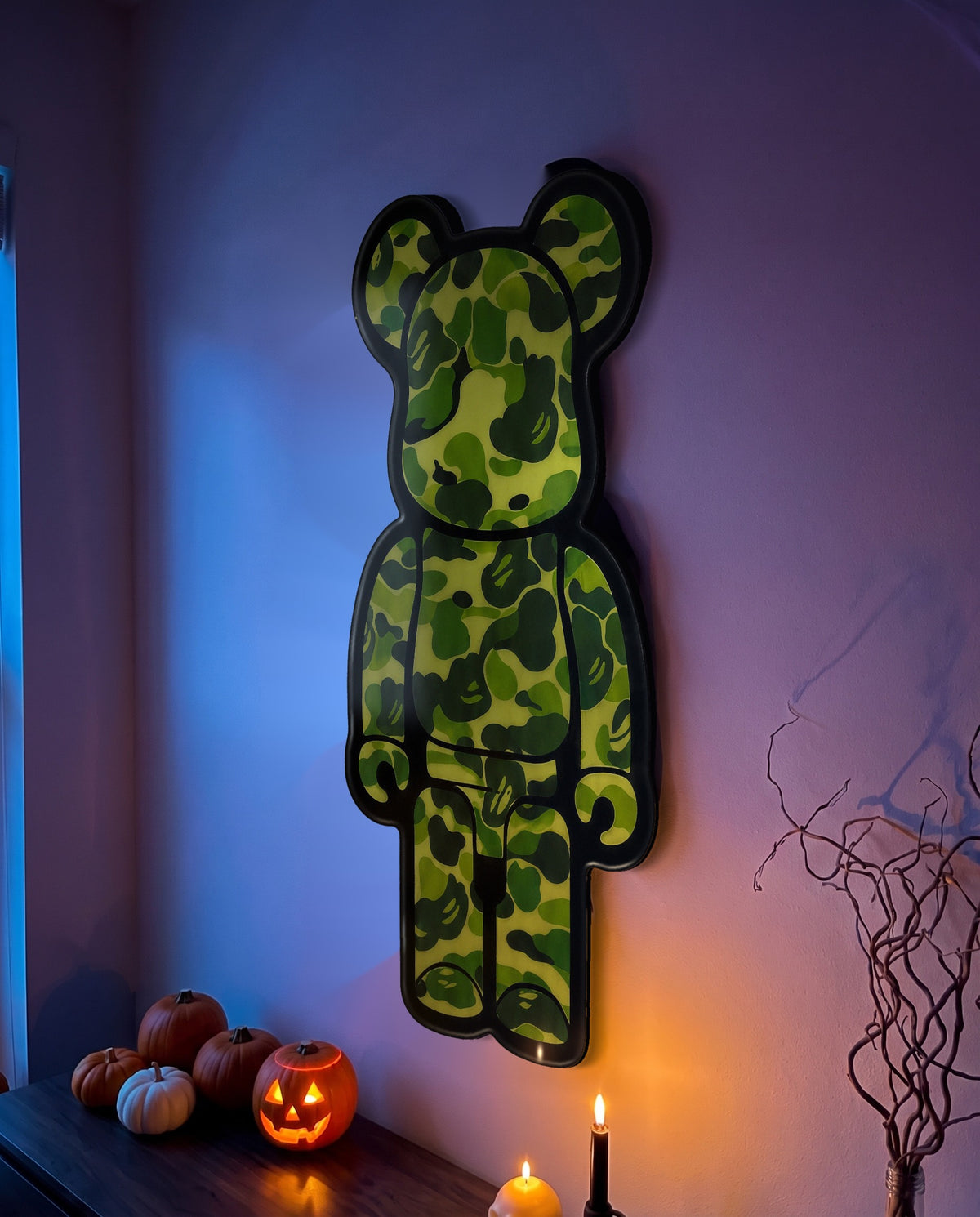 Angled close-up of the Green Camo Bear Wallart showing the glossy epoxy finish and edge