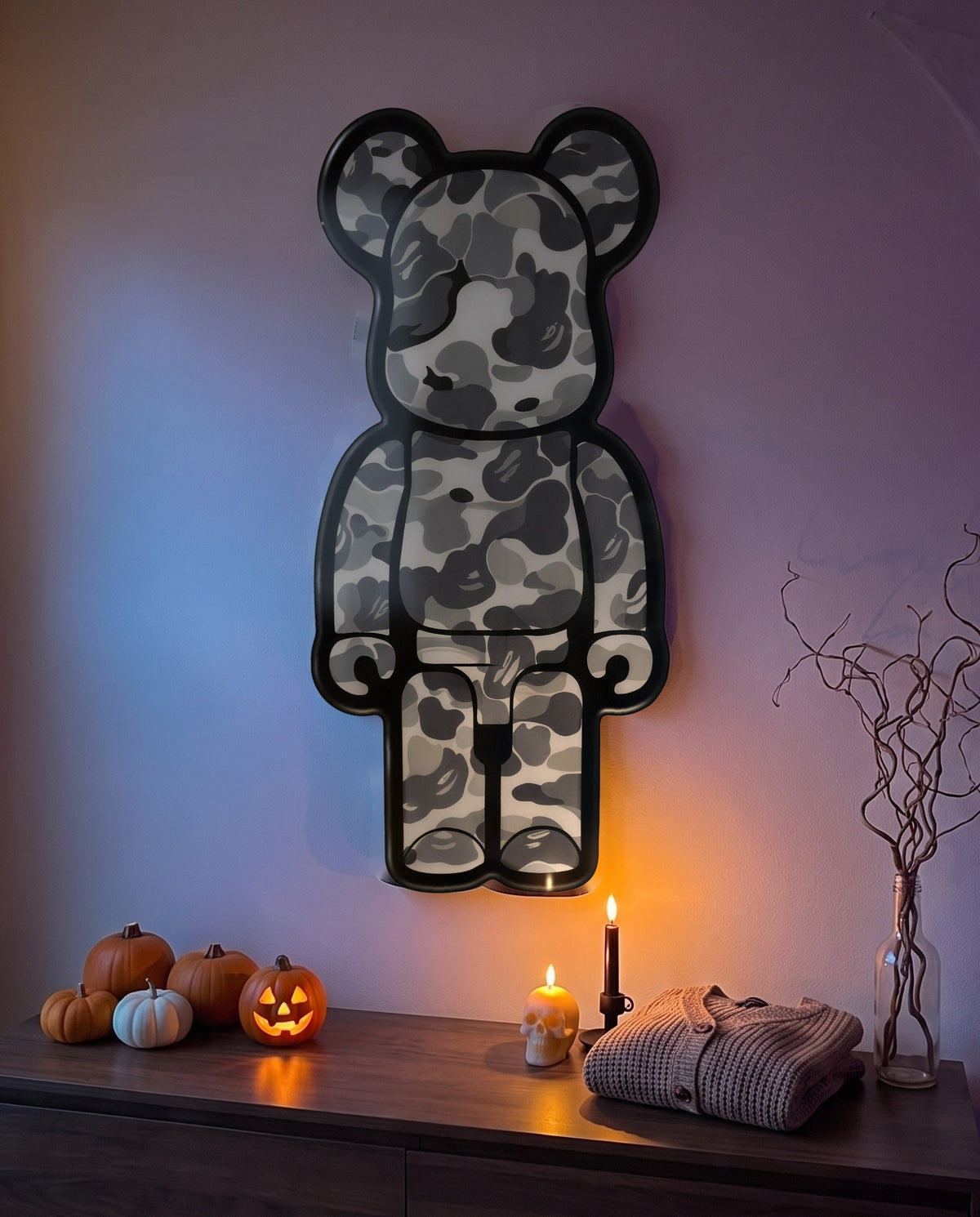 Close-up straight-on view of the Grey Camo Bear Wallart
