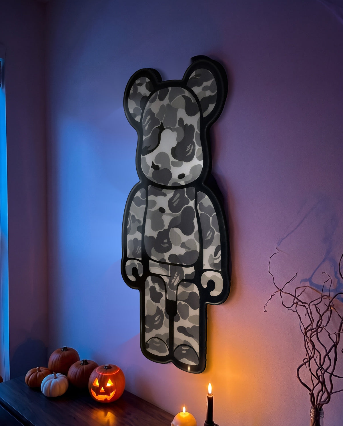 Angled close-up of the Grey Camo Bear Wallart showing the glossy epoxy finish and edge