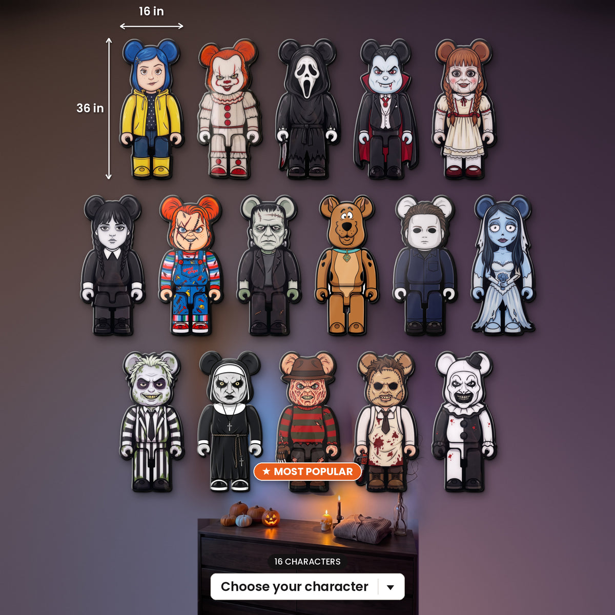Halloween Bear Wall Art size guide - each piece is 36 in tall x 16 in wide, shown to scale on a wall