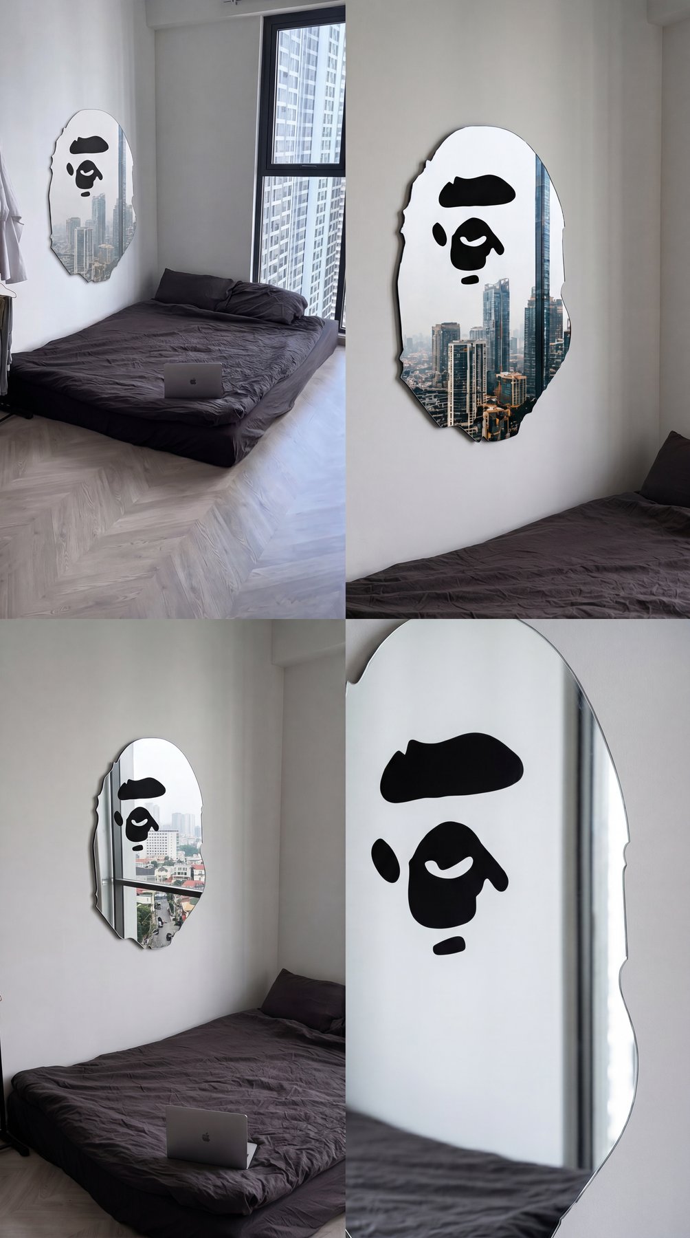 crib_essentials - High-rise bedroom with multiple views of graphic black-and-white abstract face mirrors mounted on white walls above dark