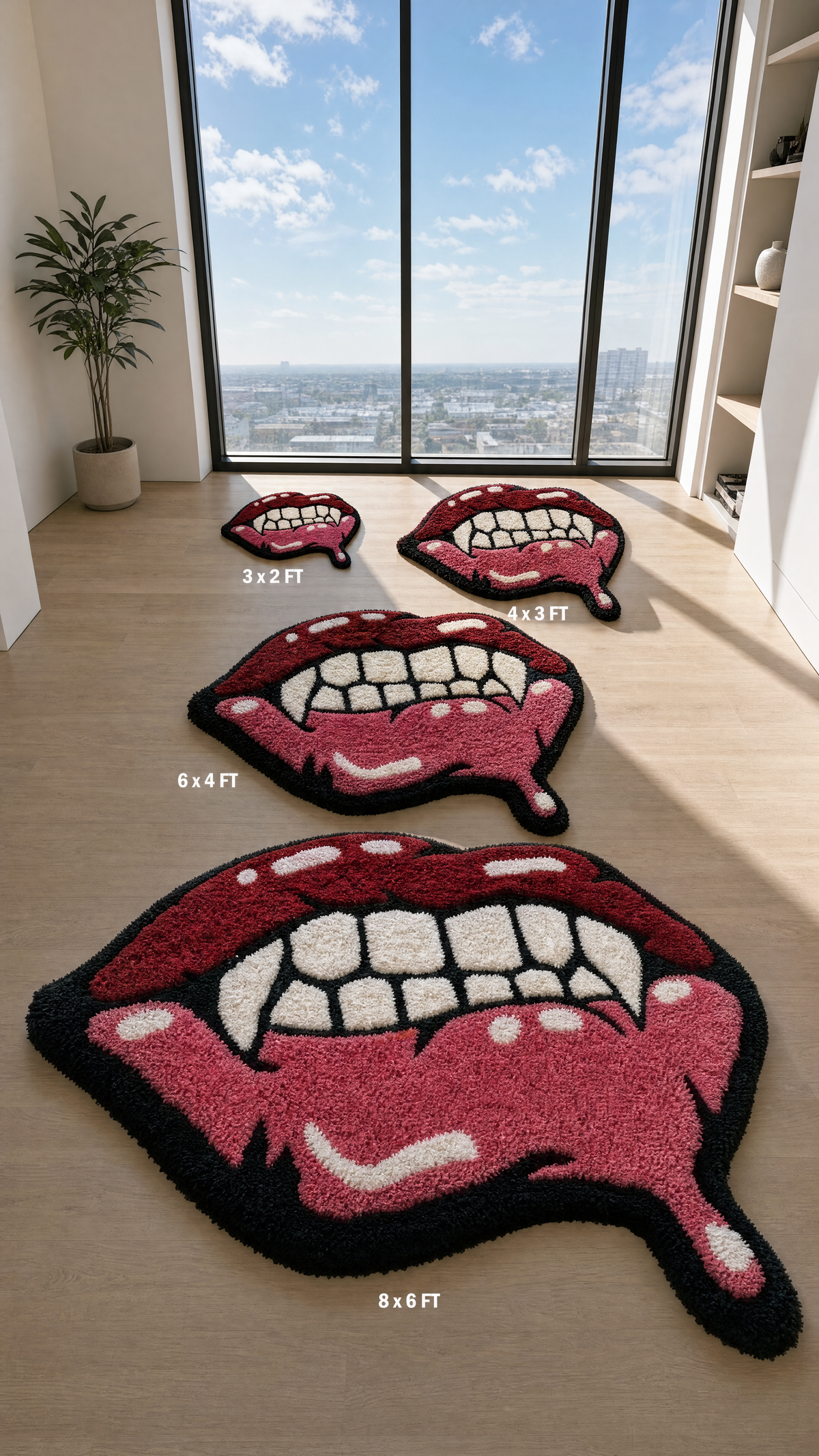 Fangs Rug - size comparison 3x2, 4x3, 6x4, 8x6 ft
