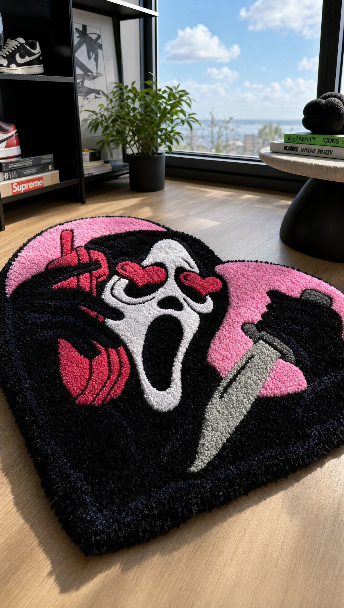 Heart Mask Rug - lifestyle room shot alternate angle