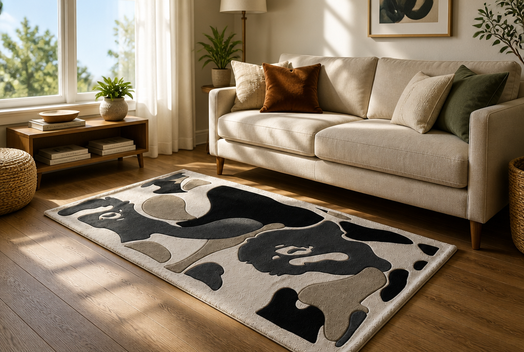 Grey Area Rug lifestyle room shot with window sky