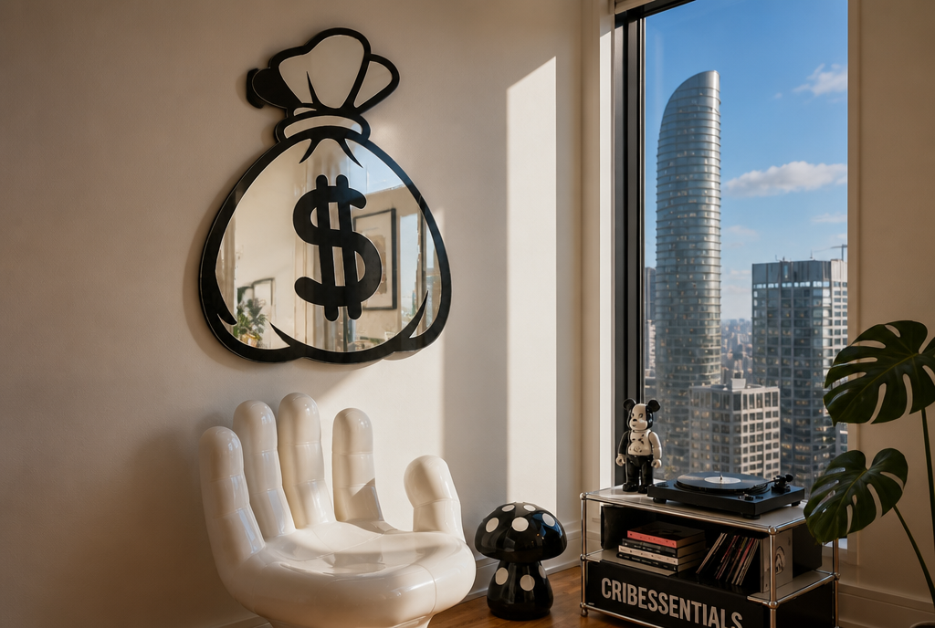 Money Bag Mirror lifestyle room shot with window sky
