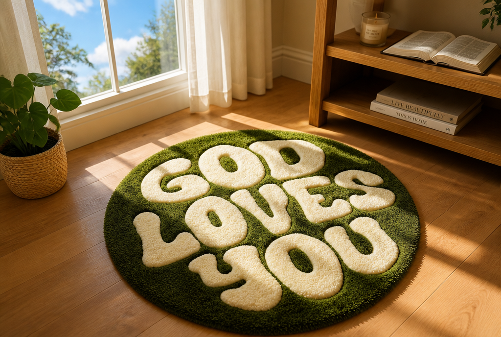 God Loves You Rug lifestyle room shot with window sky