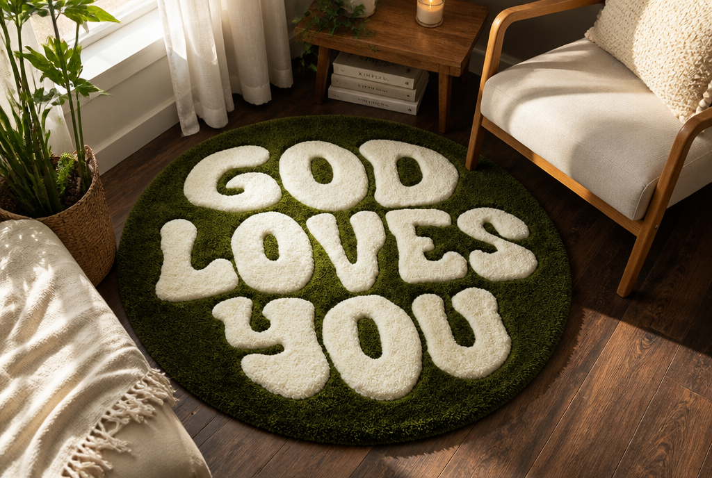 God Loves You Rug lifestyle room shot alternate angle