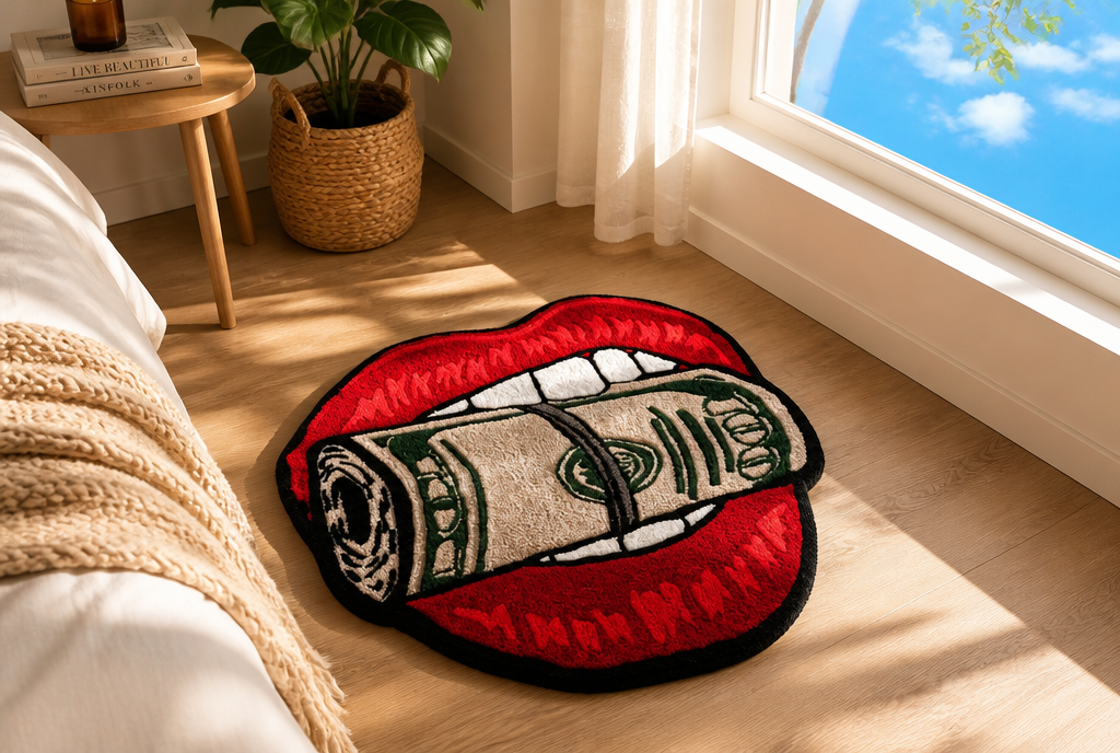 Money Mouth Rug lifestyle room shot with window sky