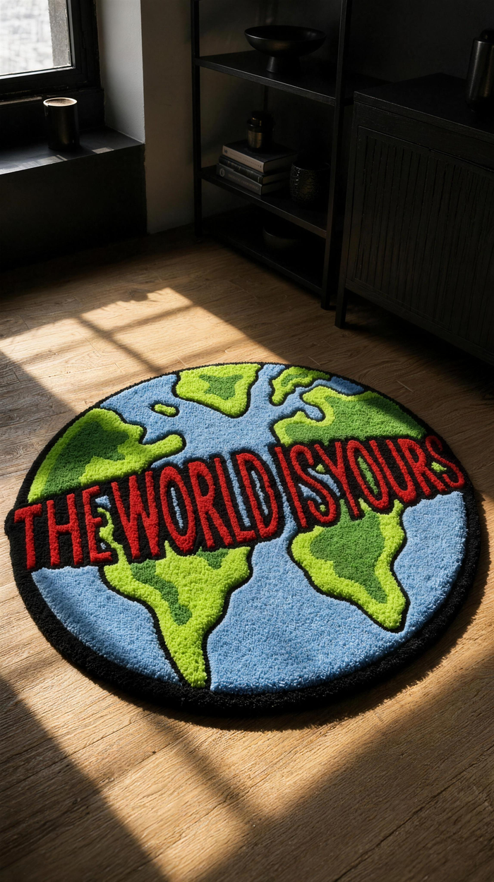 The World Is Yours Rug — 3/4 hero shot