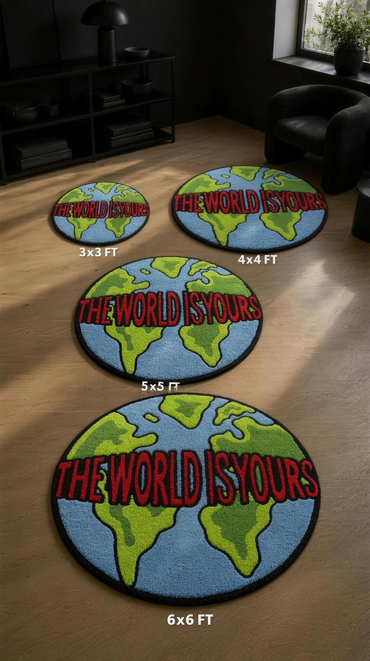 The World Is Yours Rug — size guide 3x3 to 6x6 ft