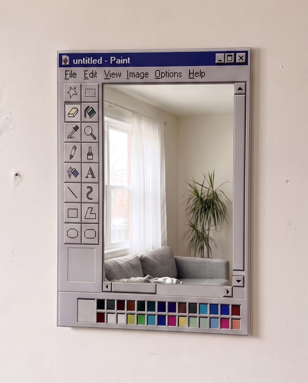 Paint Canvas Mirror hanging on a living room wall, eye-level front view